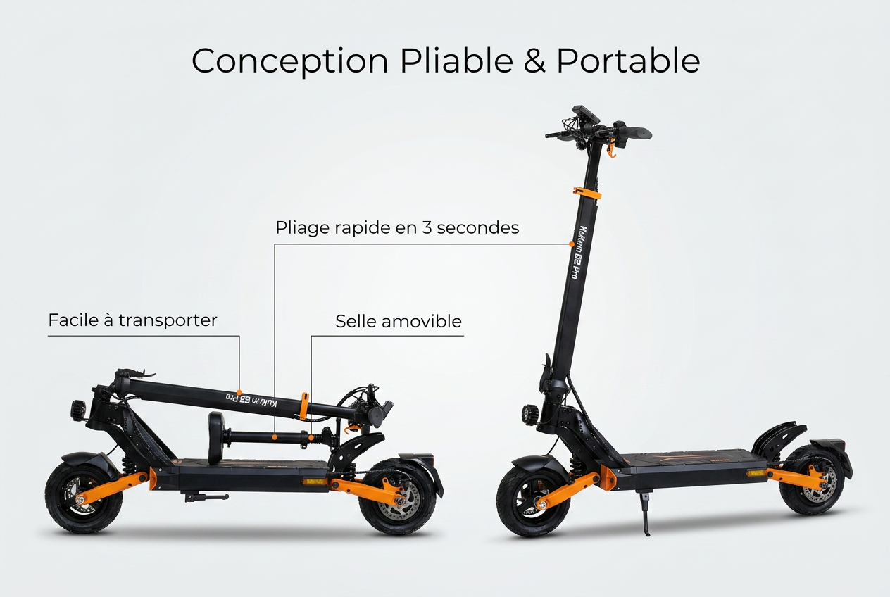 Kukirin G2 Pro pliée et dépliée, pliage rapide et selle amovible - SteedyTrott.com