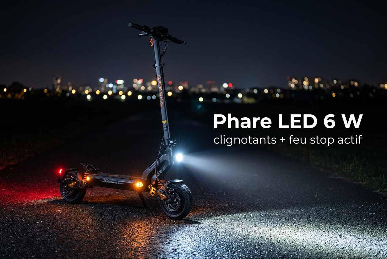 Phare LED 6 W et clignotants de la Kukirin G2 Master de nuit - SteedyTrott.com
