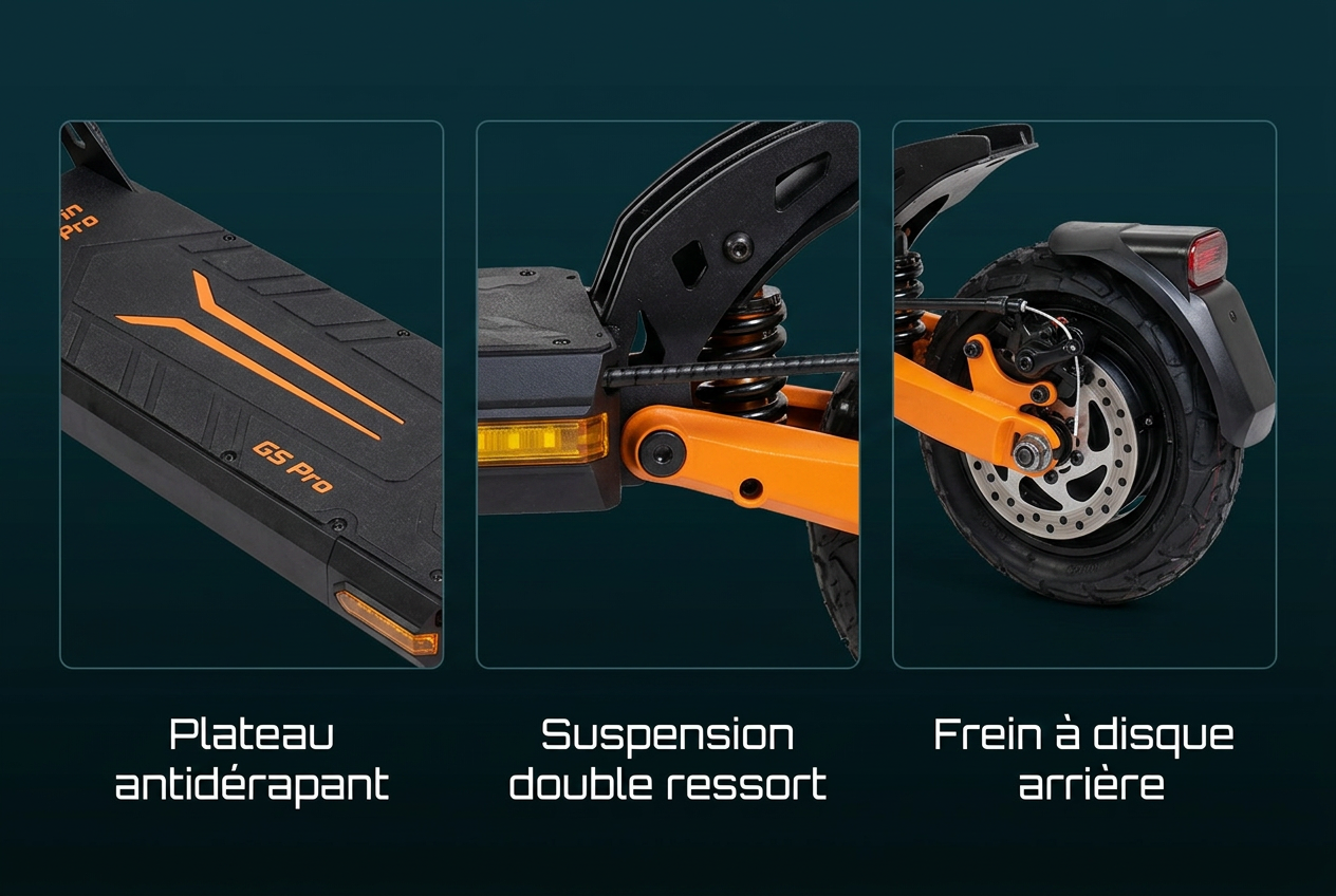 Plateau, suspension double ressort et frein à disque de la Kukirin G2 Pro - SteedyTrott.com