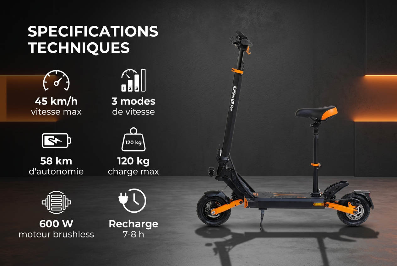 Caractéristiques Kukirin G2 Pro : 600W, 45 km/h, 58 km d'autonomie - SteedyTrott.com