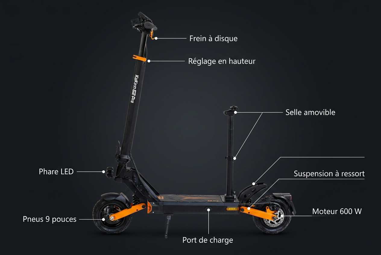 Schéma des composants de la trottinette Kukirin G2 Pro - SteedyTrott.com